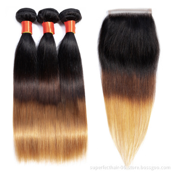 Free Sample 100% Malaysian Human Hair Bundles 1B 4 27 Ombre Color With Lace Closure Cuticle Aligned Hair